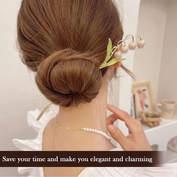 Hair Pins Sticks Lily Flower 2Pcs Metal Hair Accessories Simple Elegant Chignon - Picture 5 of 8